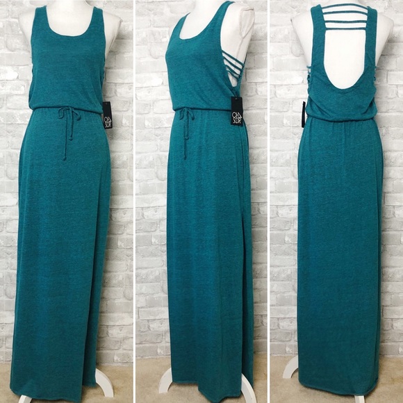 CHASER Teal Scoop Neck Sleeveless Maxi Dress with Tie Waist & Side Slits Medium - Picture 2 of 13